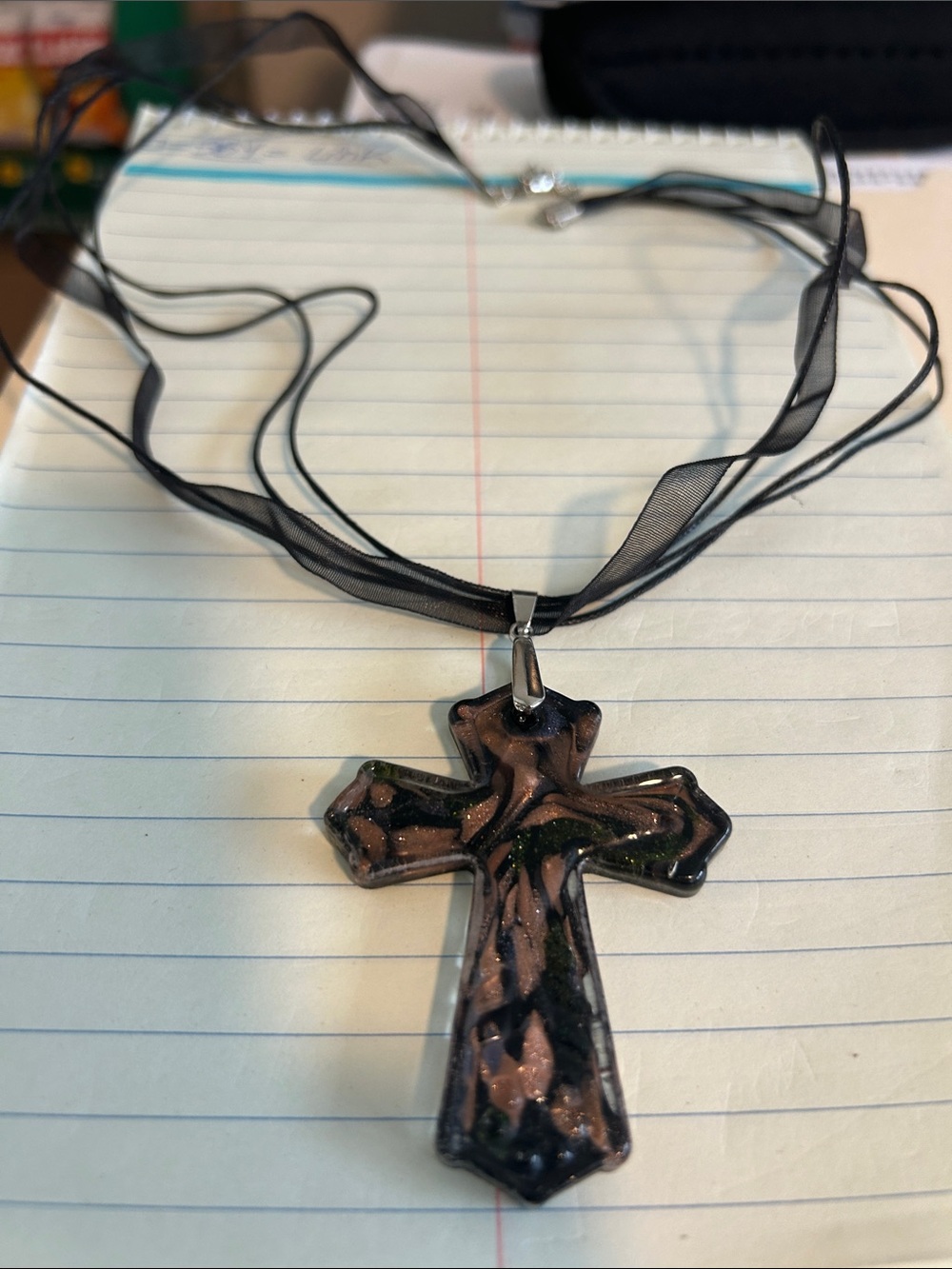 Black Ribbon Cross Necklace with Metallic Swirl Pendant with black ribbon & rope